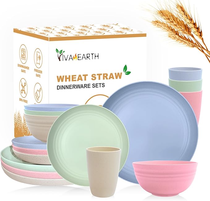 Wheat Straw Dishes Set for 4, Dinnerware Sets 16 piece, Unbreakable Plates, Bowls, Cups Sets for Kitchen Parties Camping RV - Multi-color