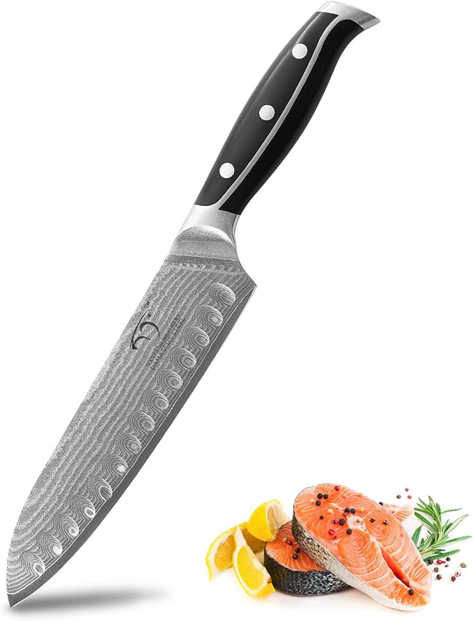 Damascus Kitchen Knife, 7 Inch Santoku Knife Professional Kitchen Knife Forged with VG10 Super Steel 67-Layer Damascus, Non-slip ABS Ergonomic Triple Rivet Handle, Razor Sharp Lightweight Multipurpose