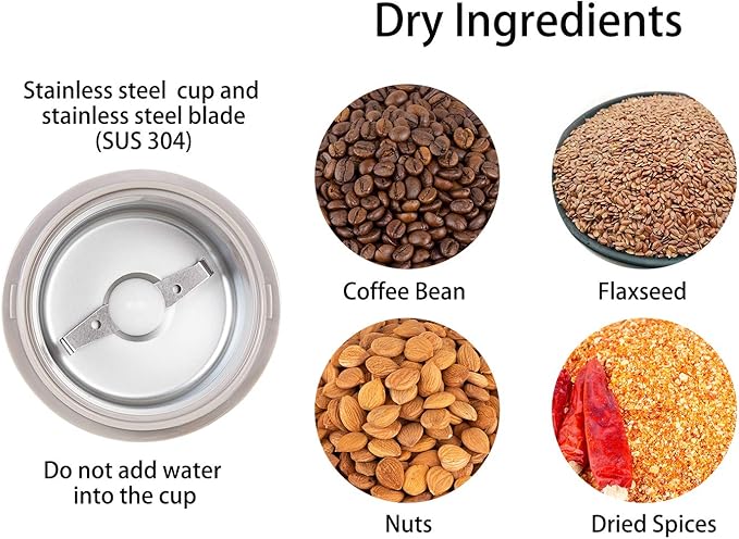 DR MILLS DM-7441 Coffee Grinder Electric, Coffee Bean and Dried Spice Grinder, One Touch Operation, Blade and cup made with SUS304 stainless steel (White)