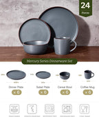 Famiware Mercury Dinnerware Sets with Mugs, Service for 6 (24 Pieces), Stoneware Plates and Bowls Sets, Microwave and Dishwasher Safe Dishes Set, Charcoal