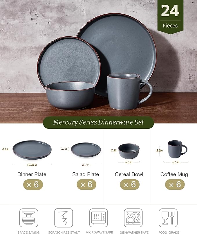 Famiware Mercury Dinnerware Sets with Mugs, Service for 6 (24 Pieces), Stoneware Plates and Bowls Sets, Microwave and Dishwasher Safe Dishes Set, Charcoal