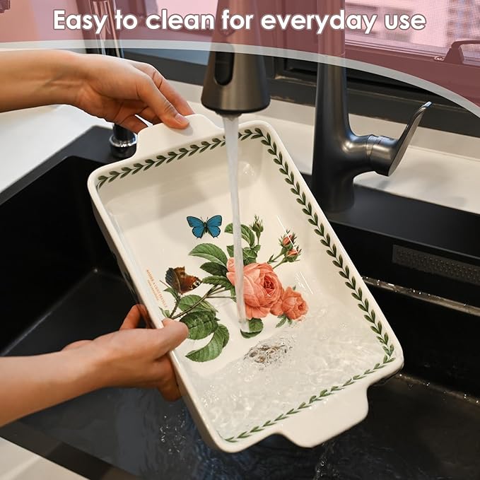 ACMLIFE Ceramic Casserole Dish for Oven, Floral Baking Dishes for Oven Lasagna Pan, Large Baking Dish with Handles, Durable and Oven Safe Pan, for Roasting and Baking, Gift Packaging 2 Pcs Set(13"x8"+10.3"x6.3") (Rose)