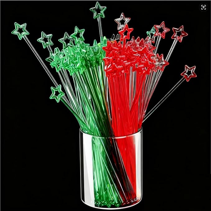 Mudder 100 Pieces 9.1 Inch Christmas Swizzle Sticks Cocktail Stirrers Plastic for Bar Disposible Plastic Star Top Crystal Swizzle Sticks for Christmas Party(Two Colors)