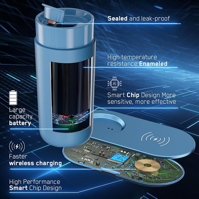 Temperature Control Heated Coffee Mug Smart Self Heating Travel Mug 12 Oz App Controlled Warmer Mug 4-10 Hour LED Display Keep Coffee Hot All Day Fast Wireless Charger Base Lake Blue