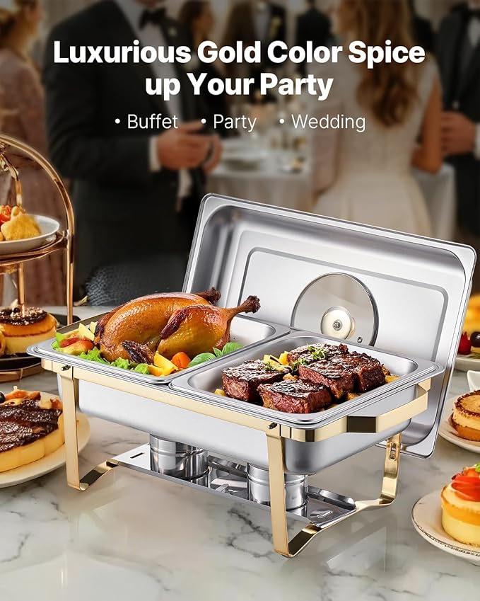 VEVOR Chafing Dish Buffet Set,8 Qt 2 Pack, Stainless Steel Chafer with 4 Half Size Pans, Rectangle Catering Warmer Server with Glass Lid Water Pan Folding Stand Fuel Holder, for Wedding Party Banquet