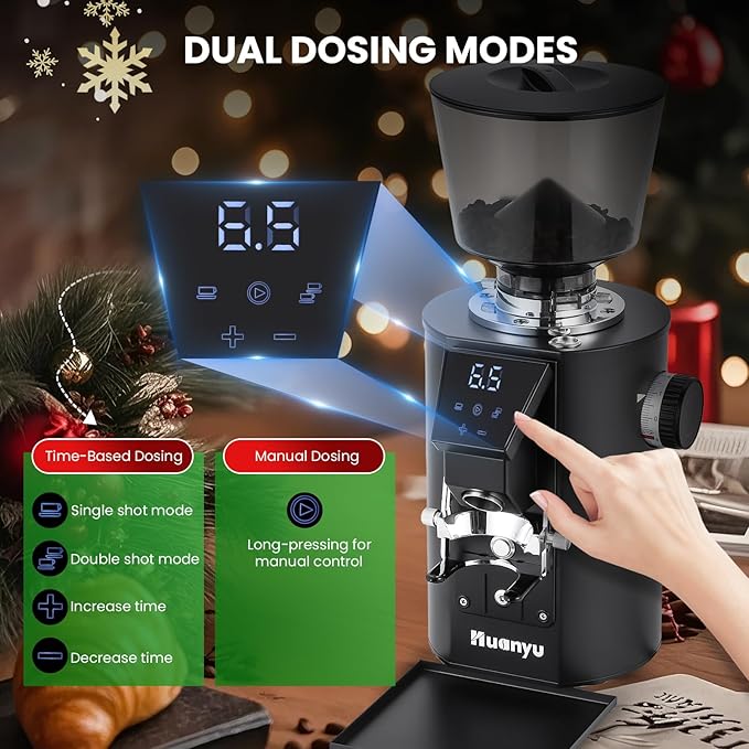 Huanyu Commercial Coffee Grinder - Touchscreen Control, 8 Grind Settings, 64mm Flat Burr, Dual Dosing Modes for Coffee Shops