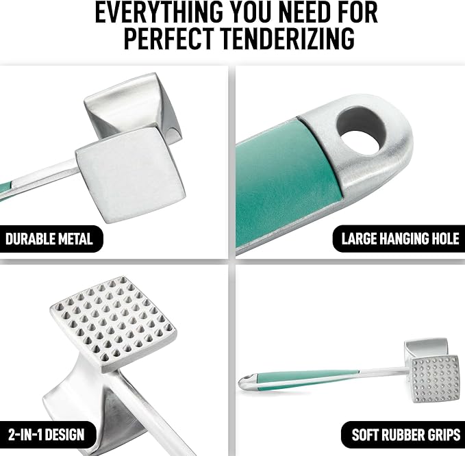 Zulay Meat Tenderizer Hammer 10" Heavy Duty Dual Sided Mallet with Comfort Grip – Metal Pounder for Beef, Chicken, Pork & More - Mint