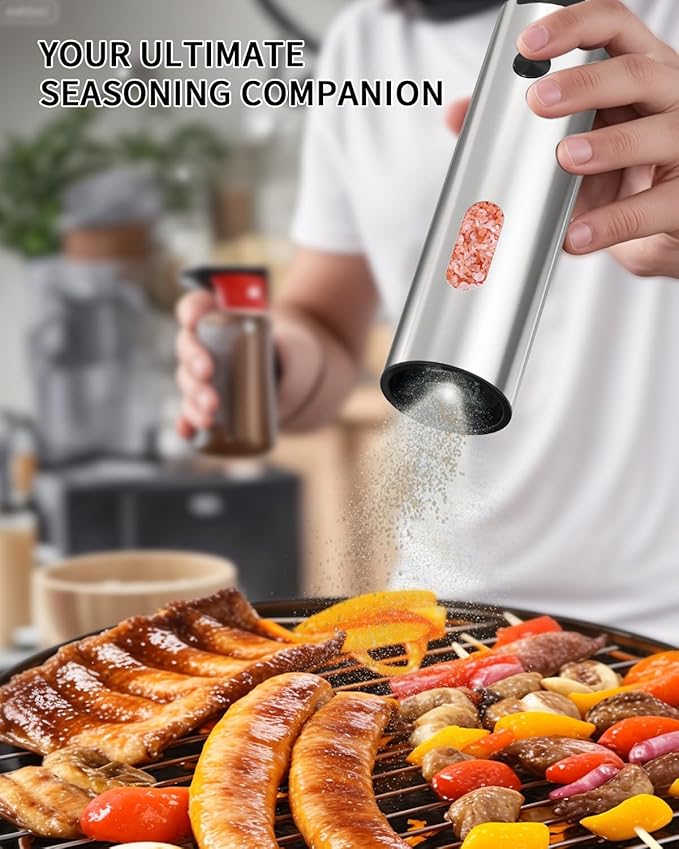 CIRCLE JOY Electric Salt and Pepper Grinder Set, Stainless Steel Rechargeable Pepper Mill Set with Charging Base, 110ML Top-Fill, Adjustable Coarseness, LED Light, One-Hand Operation, Gift Idea