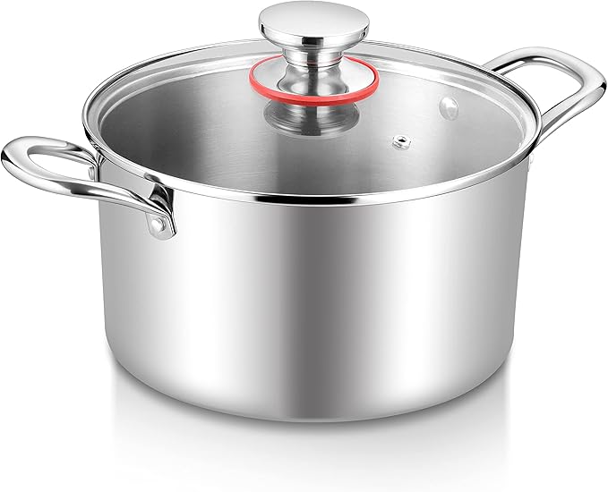 TeamFar 4.5 Quart Stock Pot, Stainless Steel Tri-Ply Cooking Pasta Soup Pot with See-Through Lid for Induction/Electric/Gas/Ceramic, Healthy & Heavy Duty, Ergonomic Handle & Dishwasher Safe