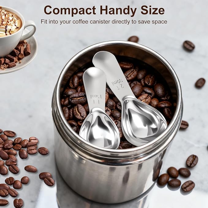 2Pcs Coffee Scoops, Premium 18/8 Stainless Steel Coffee Spoons, Set of 2 Short Handled (1 Tablespoon & 2 Tablespoon) Coffee Measuring Spoon for Ground Coffee, Tea and Powder by ES NATAURA