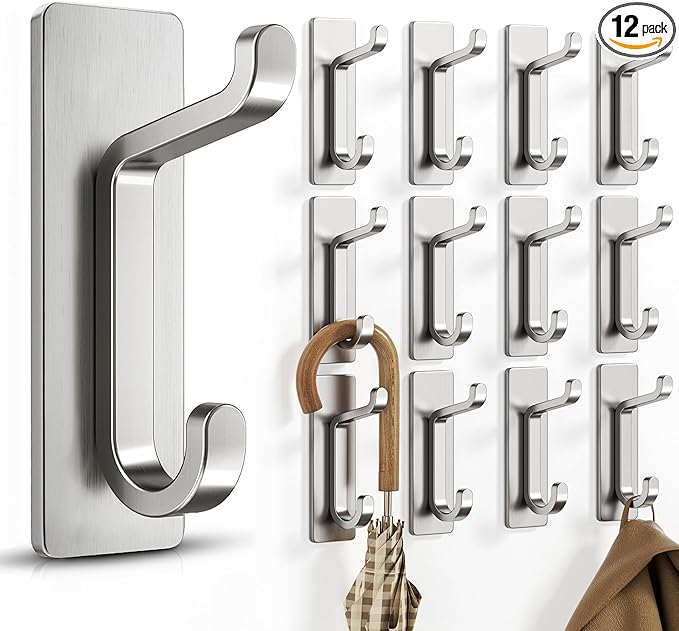 Self Adhesive Wall Hooks for Hanging: Extra Strong 13 LB, Hook for Coat, Towel in Bathrooms, Shower, Kitchen, Wall, Door Hook, Nickel Silver 12 Pack
