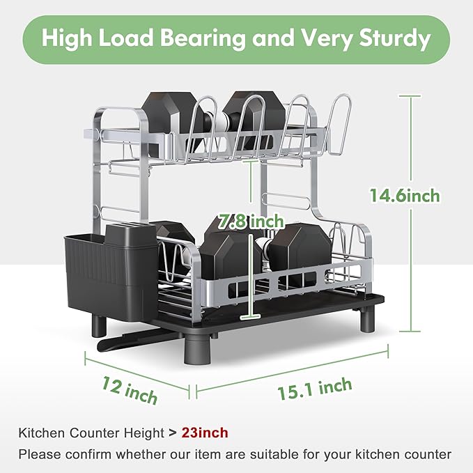 BOOSINY 2 Tier Stainless Steel Dish Drying Rack for Kitchen Counter, Large Dish Dryer Rack for Saving Space, Dish Drainers with Cup Holder & Utensil Holders, Silver