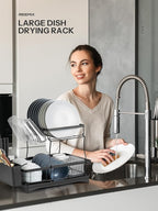 Dish Drying Rack, 2 Tier Dish Drainer with Removable Utensil Holder and Swivel, Durable High Carbon Steel Material, Larger Capacity, Easy Installation, Black