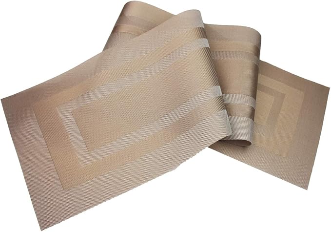 PIGCHCY Placemats with Matching Table Runner,Heat Resistant Vinyl Woven Washable Table mats Sets (6 Placemats+1 Table Runner,Champagne)