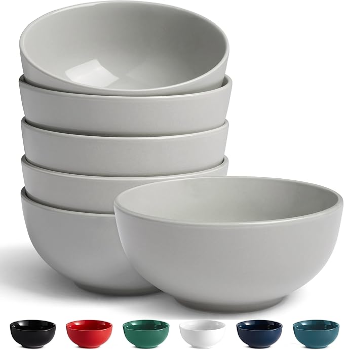 KooK Soup Bowls, Cereal Bowl, Ceramic, Bowls for Kitchen, Microwave, Dishwasher and Freezer Safe, Porcelain Dishes for Pasta, Salad, Oatmeal, Deep Interior, 20 oz, Set of 6, (Powder Grey)