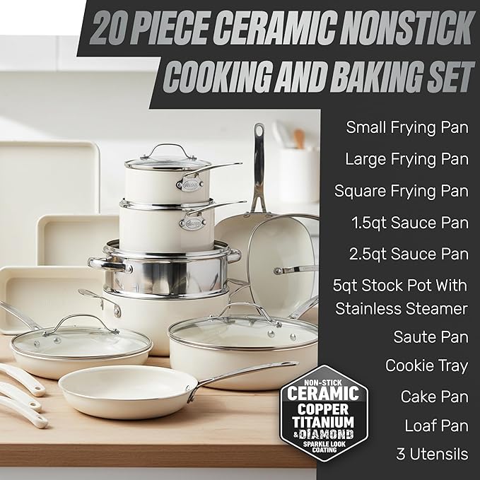 GOTHAM STEEL 20 Pc Ceramic Cookware Set Nonstick, Ceramic Pots and Pans Set Non Stick for Kitchen with Bakeware, Cooking Utensils & Steamer, Non Toxic PFOA PFOS Free, Oven & Dishwasher Safe