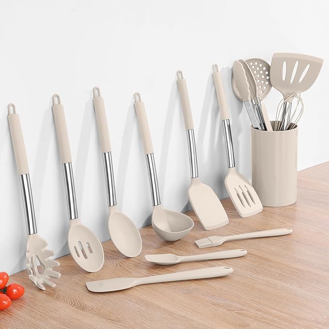 Silicone Cooking Utensils Set of 15, Kitchen Utensils Set with Holder for Nonstick Cookware, 446°F Heat Resistant Stainless Steel Handle - Khaki