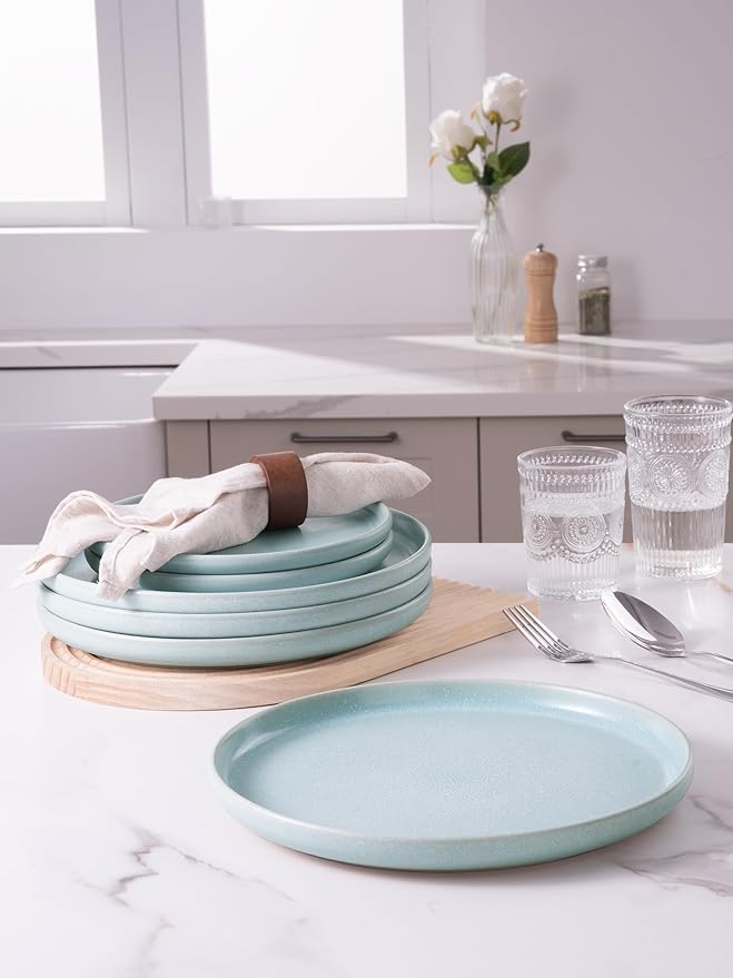 famiware Milkyway Dinner Plates, 10.24 inch Plates for 6, Stoneware Dessert Plates Dish Set for Kitchen, Reactive Glaze Plate Set, Microwave and Dishwasher Safe, Light Blue