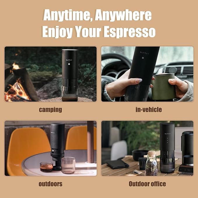 Nuttii E-Coffee Portable Espresso Machine, 20 Bar Self-Heating Travel Coffee Maker, Precise Pressure Control for Golden Extraction, Supports Ground & Capsule Coffee for RV, Camping & Office (Black)