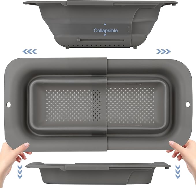 ROTTOGOON 7Qt Collapsible Colander Strainer, Expandable Over the Sink Colander, Adjustable Silicone Kitchen Sink Strainer, Foldable Large Colanders Basket to Wash Vegetable, Fruit, 15" to 19.8"