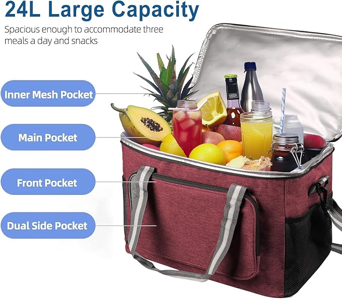iknoe Large Cooler Bag Collapsible, 24L Insulated Bags, Leakproof Lunch Cooler Tote with Multi-Pockets for Adult Insulated Thermal Bag for Beach, Picnic, Office Work, Claret 36-Can