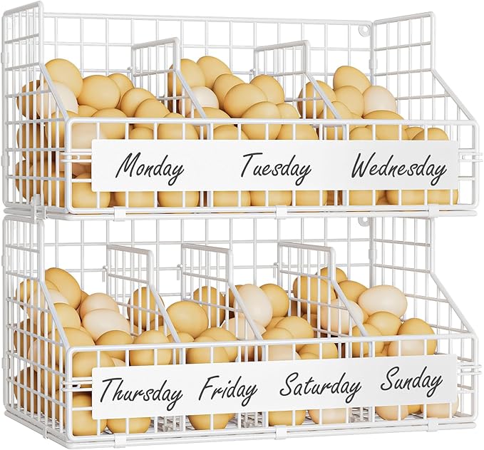 keomaisyto Fresh Egg Holder with 5 Dividers to Separate Eggs for a Week, 2 Tier Stackable Wire Baskets for Gathering Eggs, XXL Egg Rack for Countertop/Wall-Mounted, With DIY Labels, White