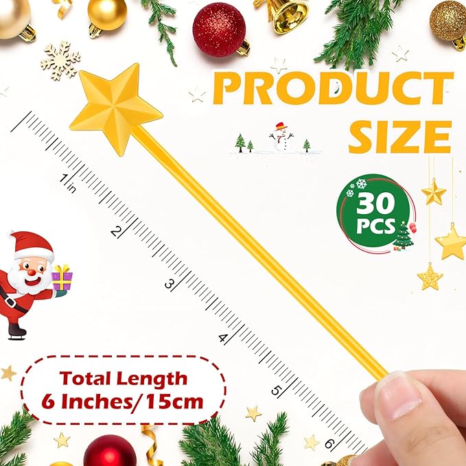 30 Pcs Christmas Drink Stirrers Xmas Stir Stick Holiday Coffee Swizzle Stick Reusable Plastic Hot Cocoa Bar Chocolate Decoration Cocktail Mixer(Christmas Star,Yellow)