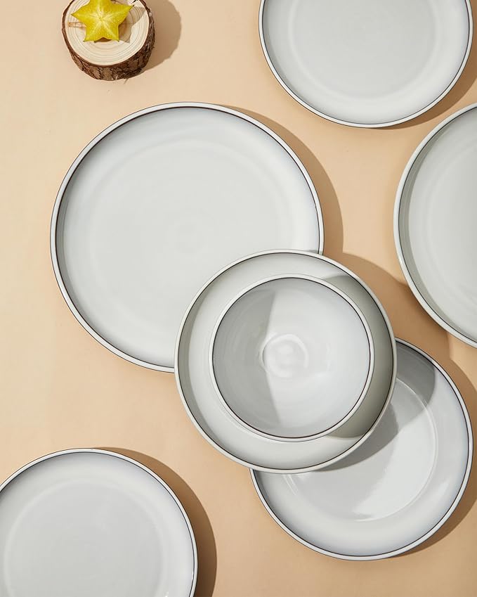 18 Piece White Stoneware Dinnerware Set for 6, Santorini Mist Terracotta Plates and Bowls with Reactive Glaze, Microwave & Dishwasher Safe, Aesthetic Ceramic Dishes for Family Meals & Hosting