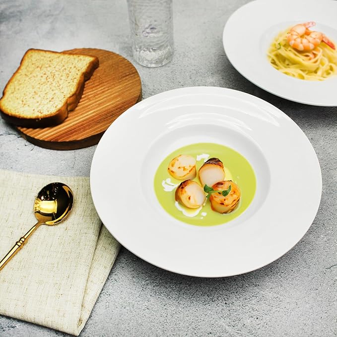 Pasta Plates with Rim 12 oz, Soup Bowl Pasta Bowl Set of 4, White Shallow Bowl Plate, Ceramic Wide Rimmed Soup Bowl, Best choice for high-end restaurants, hotels, and foodies, 10 Inch