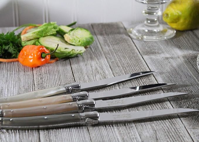 French Home Laguiole 4-Piece Steak Knife Set – Sophisticated Stainless Steel Dinner Knives with Handles of Neutral Tones & Iconic Bee Emblem – Serrated Knives for Smooth Cutting (9.25")