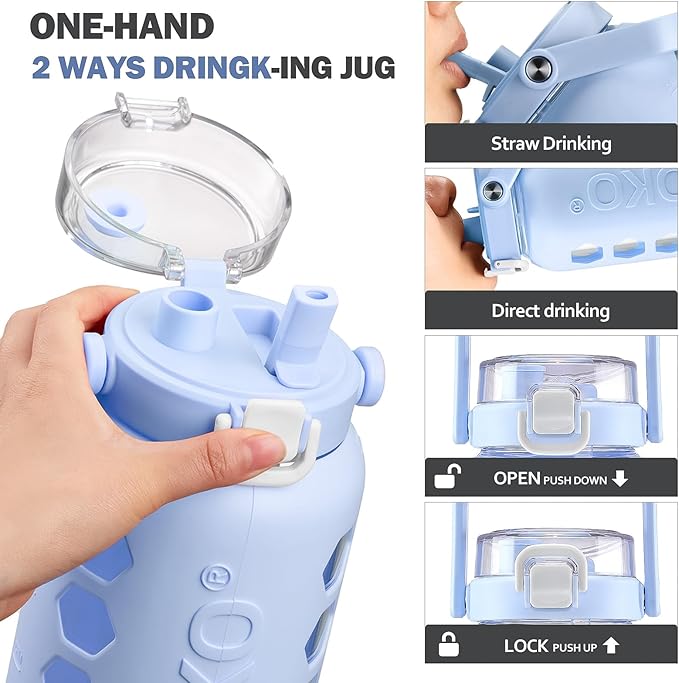 MUKOKO Half Gallon/64 oz Glass Water Bottles with Straw and Lid,Motivational Water Jug with Time Marker Reminder and Silicone Sleeve,100% Leakproof BPA Free Fitness Sports Large Bottle-Light Blue