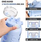 MUKOKO Half Gallon/64 oz Glass Water Bottles with Straw and Lid,Motivational Water Jug with Time Marker Reminder and Silicone Sleeve,100% Leakproof BPA Free Fitness Sports Large Bottle-Light Blue