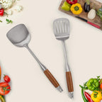 304 Stainless Steel Kitchen Utensils Set with Wooden Handle, 2 Pcs Heat Resistant Metal Cooking Utensils Set,Spatula