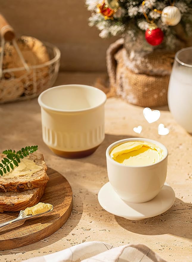 Sweese French Embossed Butter Crock with Lid - Elegant Floral Relief Design & Water Reservoir - White Countertop Butter Keeper