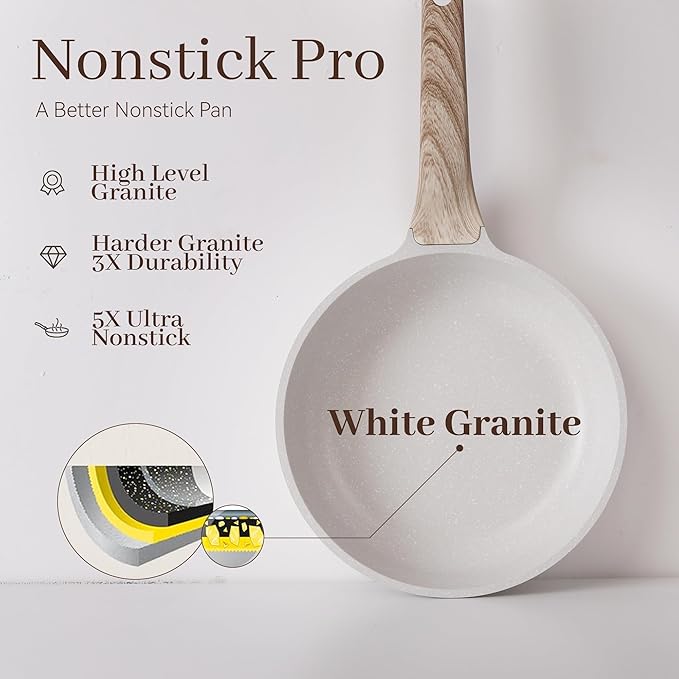 13-Piece Nonstick Pots and Pans Set – Granite Stone Kitchen Cookware Set, PFOA-Free – Includes Frying Pans, Saucepans, Sauté Pan – Induction Compatible, White