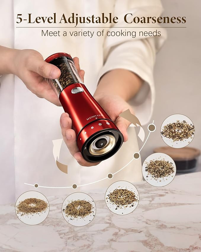 Electric Salt or Pepper Grinder Set Rechargeable, Electric Pepper Grinder with Adjustable Coarseness, 4.5oz Large Capacity, 1.8" Wide-Mouth & Storage Base, One-Hand Operation Kitchen Gadgets