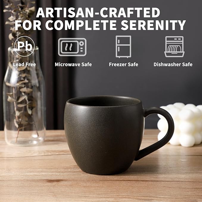 Coffee Mugs Set of 4, Ceramic 16 oz Coffee Cups for Tea, Milk, Cereal, Cappuccino, Porcelain Latte Cups with Large Handle, Stoneware Coffee Mugs for Christmas Housewarming Gifts, Black