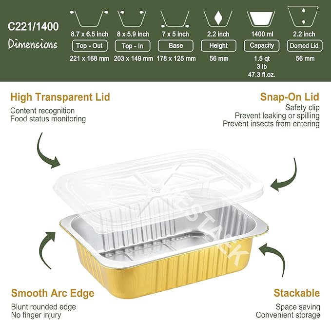 9"x 6.5" Sturdy Aluminum Foil Pans with Lids (20 Packs), 2X Thicker Heavy Duty for Oven Stove Grill Microwavable Cooking, Baking, Reusable Dishwasherable Disposable Foil Pan, 47oz