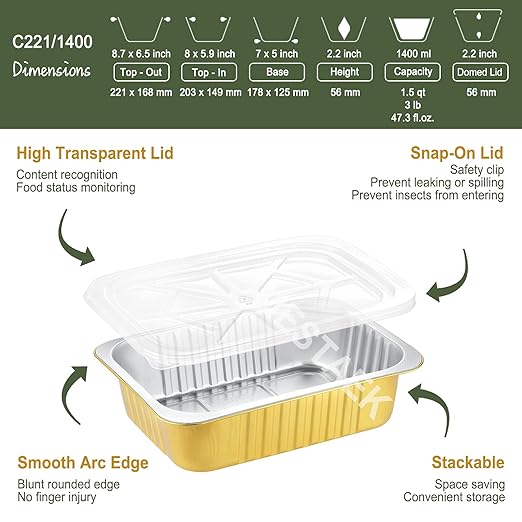 9"x 6.5" Sturdy Aluminum Foil Pans with Lids (5 Pack), 2X Thicker Heavy Duty for Oven Stove Grill Microwavable Cooking, Baking, Reusable Dishwasherable Disposable Pot, Container 47oz