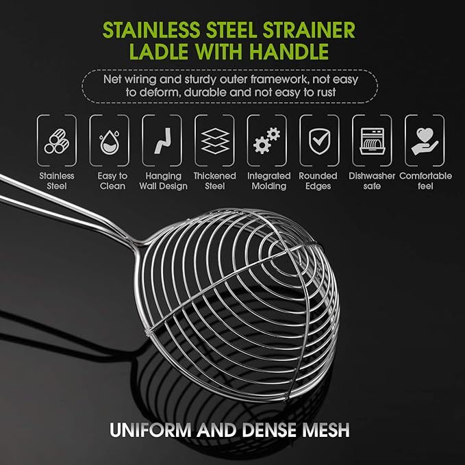 Geiserailie 6 Pieces Stainless Steel Hot Pot Strainer Scoops 2.5 Inch Mini Spider Strainer Skimmer Pasta Mesh Spoon Asian Skimmer Spoon Ladle with Handle for Home (Black)