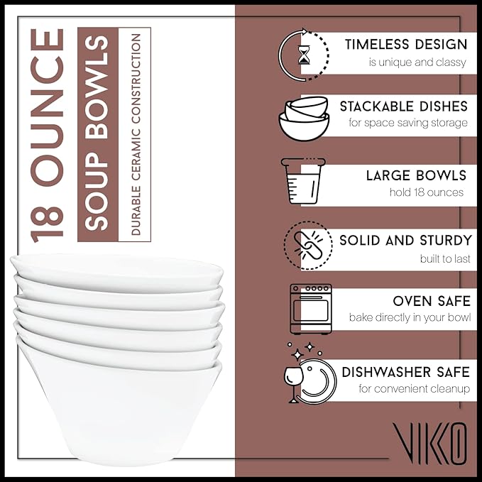 Vikko White Pasta Bowls, Set of 4 Ceramic Salad Bowls, Large 18 Ounce Elegant White Soup Bowls for Everyday and Special Occasions, Elegant Sloped Design, Dishwasher Safe, Microwave Safe