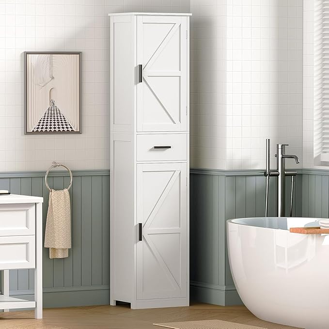 WEENFON Tall Bathroom Cabinet, Storage Cabinet with 6 Shelves & Drawer, Bathroom Storage Cabinet with Adjustable Shelves, Tall Cabinet for Living Room, Home Office, White
