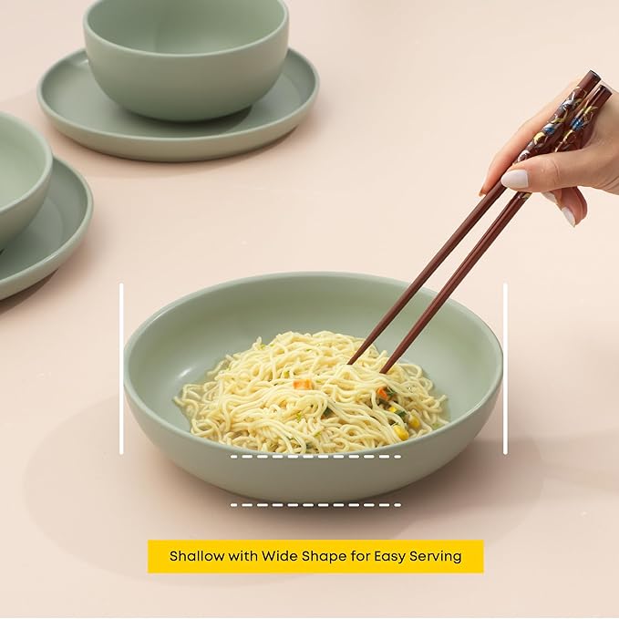 JoyJolt Mesa 40oz Stoneware Serving Bowls Set of 4, Large Salad Pho Soup Pasta Plates for Kitchen, Dishwasher and Microwave Safe, Aesthetic Kitchen Essentials - Matte Sage Green