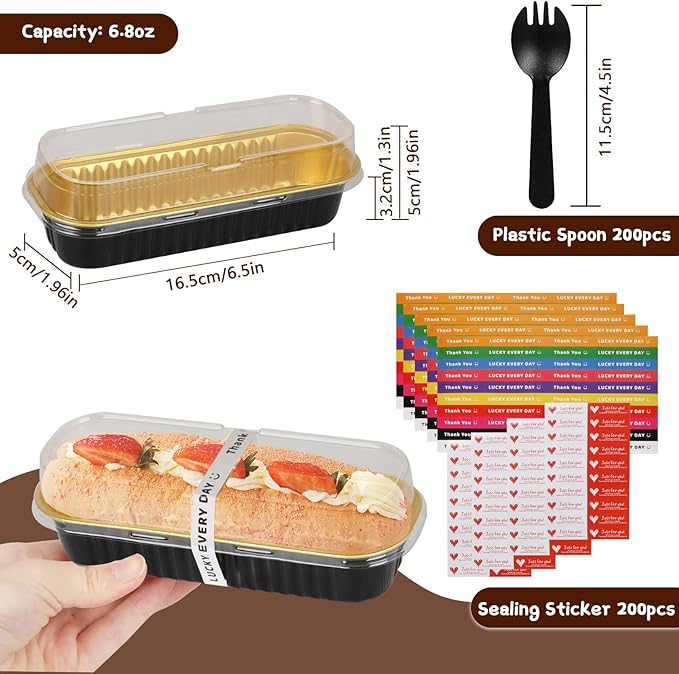 200 Pack Mini Loaf Pans Mini Cake Pans with Lids and Spoons Sealing Sticker, 6.8oz Rectangle Aluminum Foil Baking Pans Disposable Loaf Cake Pan for Baking (Black)