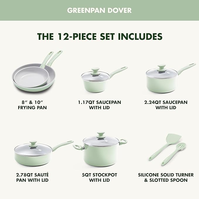 GreenPan Dover Healthy Ceramic Nonstick, 12 Piece Cookware Pots and Pans Set, PFAS-Free, Dishwasher Safe, Comfort Grip Handle, Pastel Green