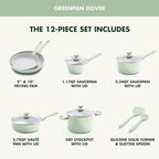 GreenPan Dover Healthy Ceramic Nonstick, 12 Piece Cookware Pots and Pans Set, PFAS-Free, Dishwasher Safe, Comfort Grip Handle, Pastel Green