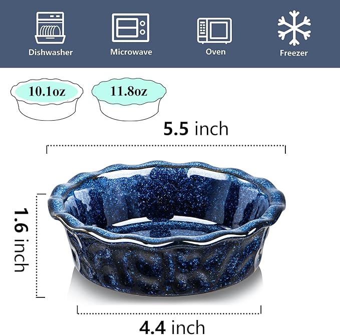 vicrays Ceramic Pie Pan for Baking - 5.5 inch Small Pie Plates Deep Dish Round Pot Casserole Mini Serving Bowl, Microwave Oven Safe for Dessert Apple Pie Cake Tart Pizza, Set of 6 - Blue