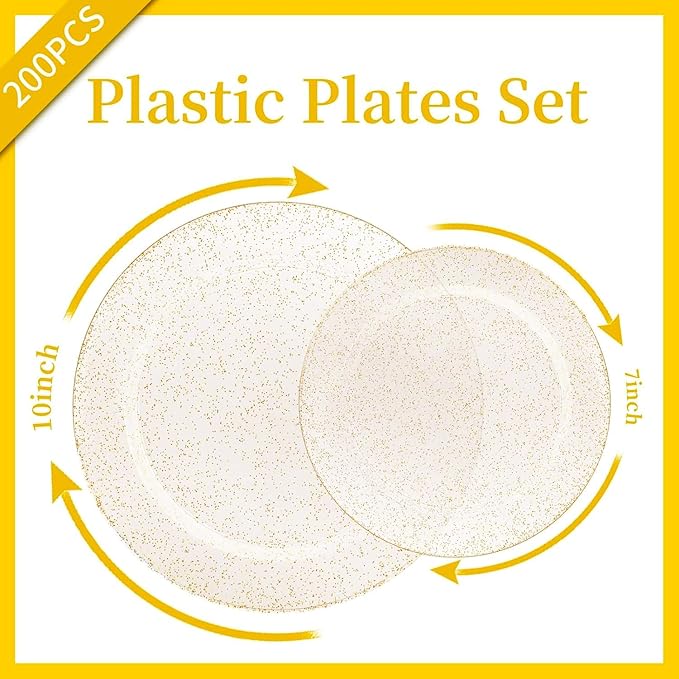 WDF 200PCS Gold Plastic Plates - Gold Glitter Plastic Plates - Heavy Duty Gold Glitter Disposable Plates - Include 100 Dinner Plates 10" and 100 Dessert Plate 7" for Parties/Wedding