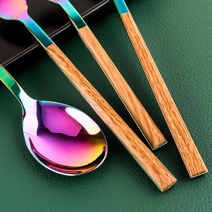 Stainless Steel Flatware Set for 4, Cutlery Utensils Set Include Knives/Forks/Spoons Service for 4, Mirror Polished and Dishwasher Safe (Rainbow)