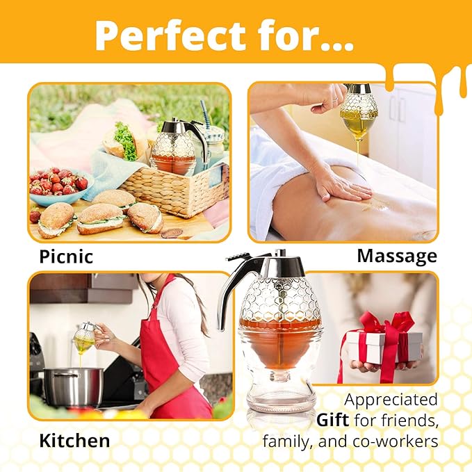 Honey Dispenser – No Drip Glass with Stand – Honey Jar – Clear Glass Honey Container with Dipper 8 Oz – Maple Syrup Dispenser – Honey Pot with Stand – Honey Bottle with Flip Top Lid